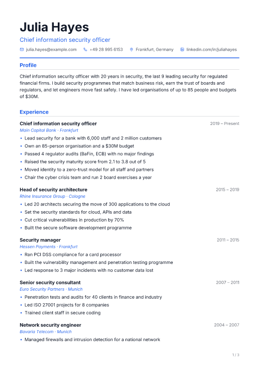 Chief information security officer resume template, Commit design, 3 pages
