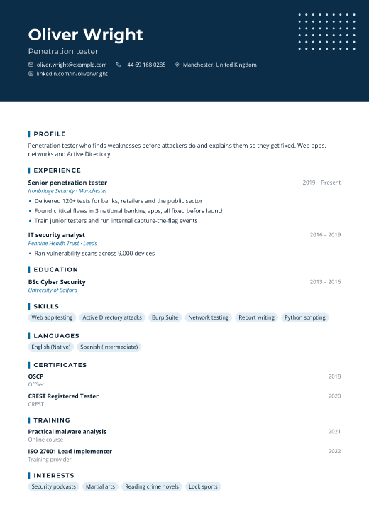Penetration tester resume template, Uptime design