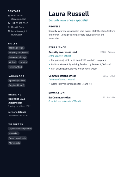 Security awareness specialist resume template, Stack design