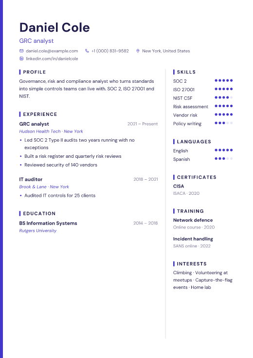 GRC analyst resume template, Pixel design