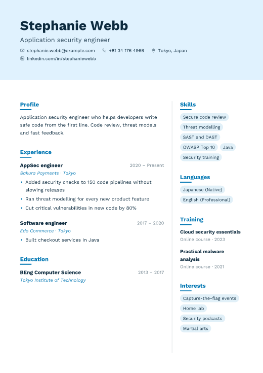 Application security engineer resume template, Cloud design