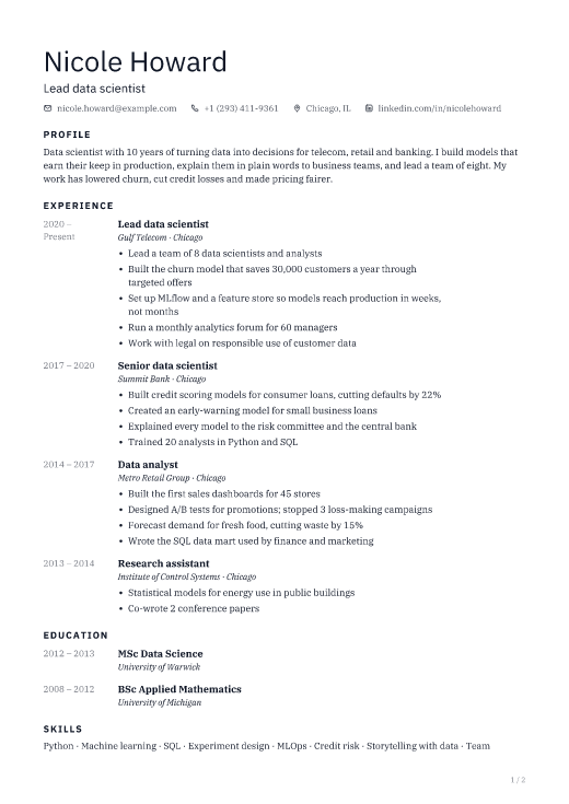 Lead data scientist resume template, Shell design, 2 pages