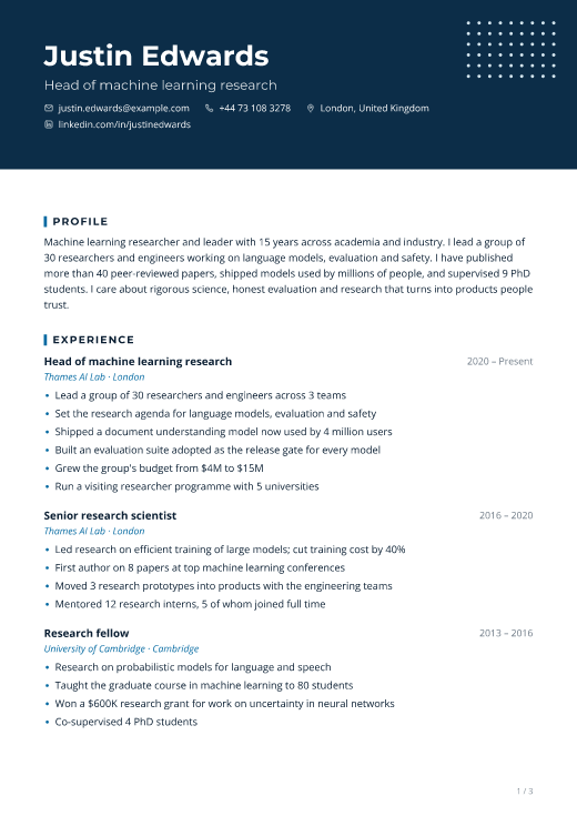 Head of machine learning research resume template, Uptime design, 3 pages