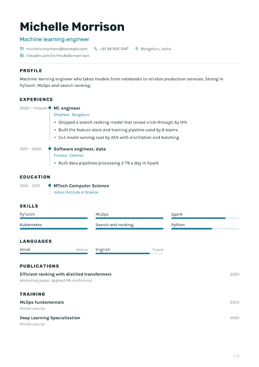 Machine learning engineer resume template, Signal design