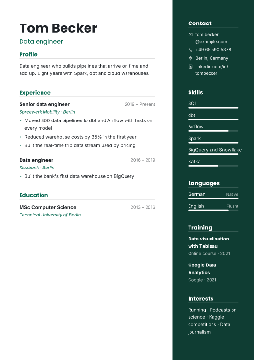 Data engineer resume template, Vector design