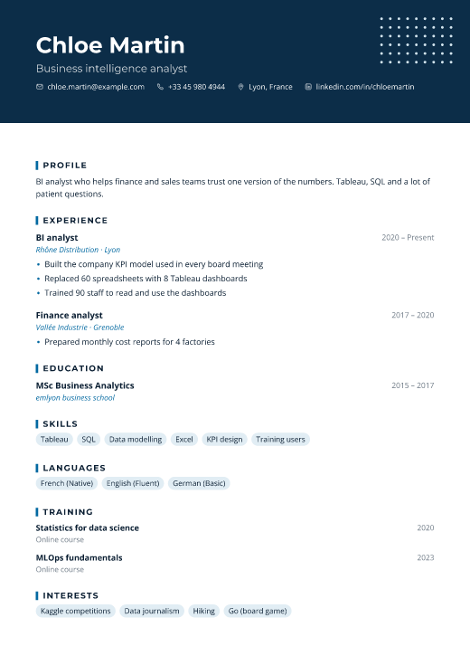 Business intelligence analyst resume template, Uptime design