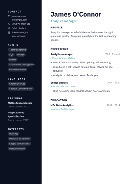 Analytics manager resume template, Stack design