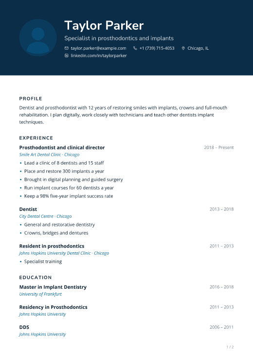 Specialist in prosthodontics and implants resume template, Rounds design, 2 pages
