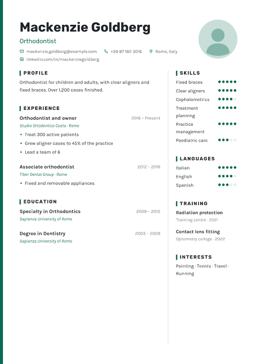 Orthodontist resume template, Haven design