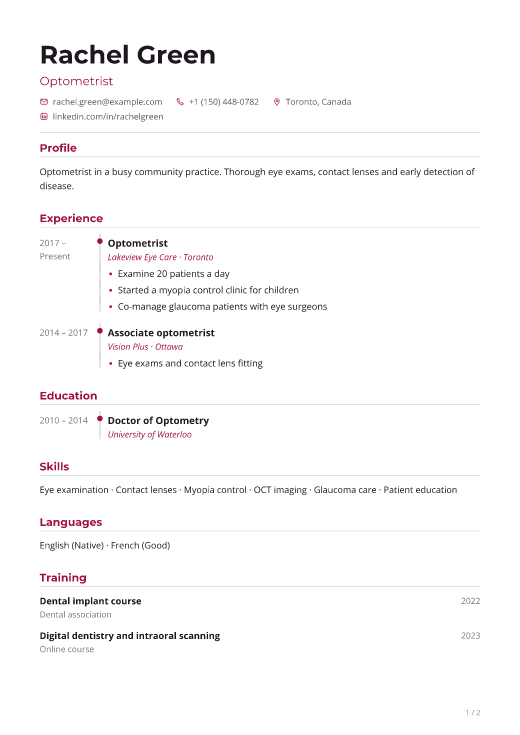 Optometrist resume template, Pulse design
