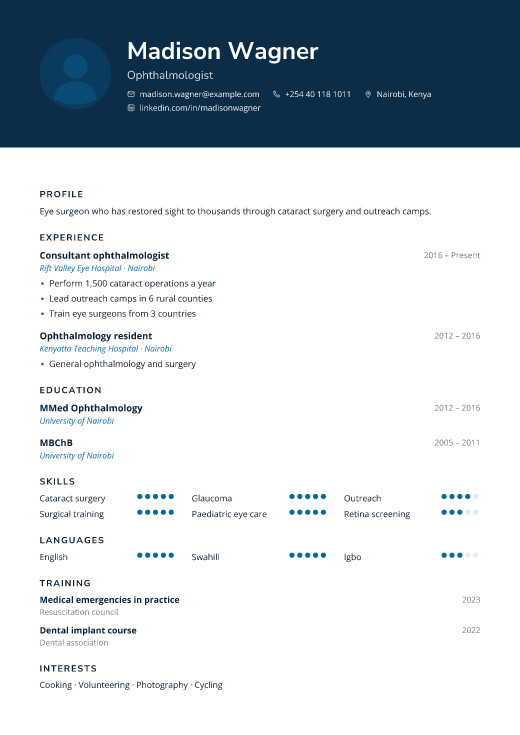 Ophthalmologist resume template, Rounds design