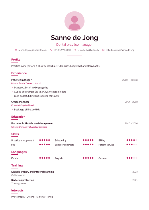 Dental practice manager resume template, Care design