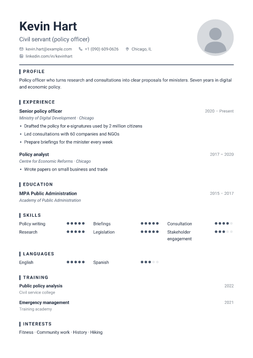Civil servant (policy officer) resume template, Agdam design