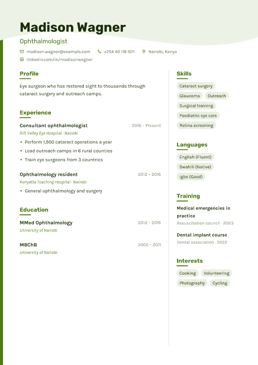 Ophthalmologist resume template, Balakan design