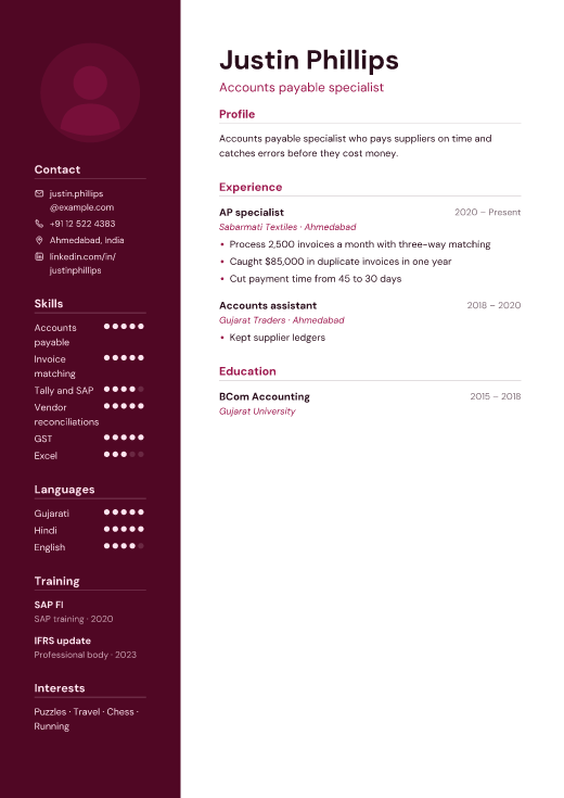 Accounts payable specialist resume template, Basqal design