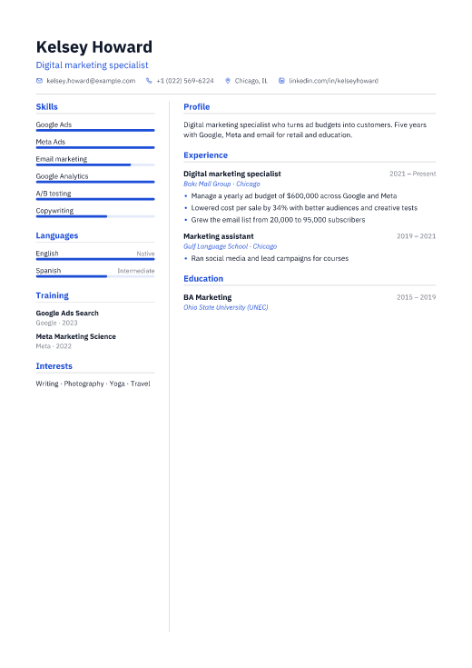 Digital marketing specialist resume template, Denver design