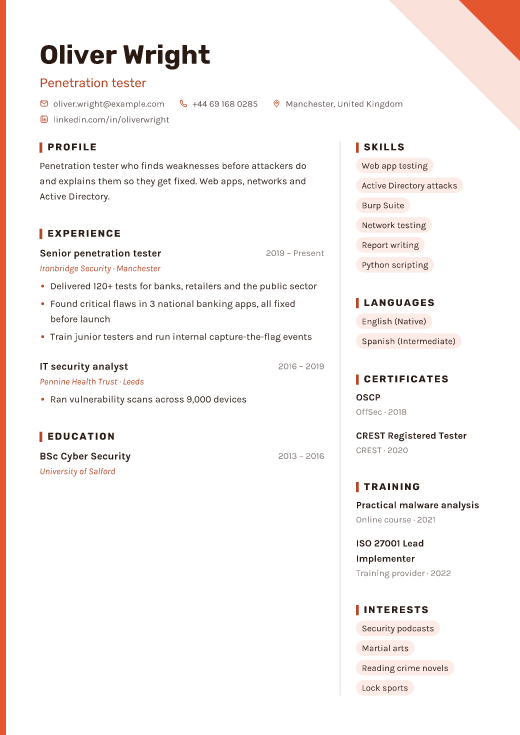 Penetration tester resume template, Flame design