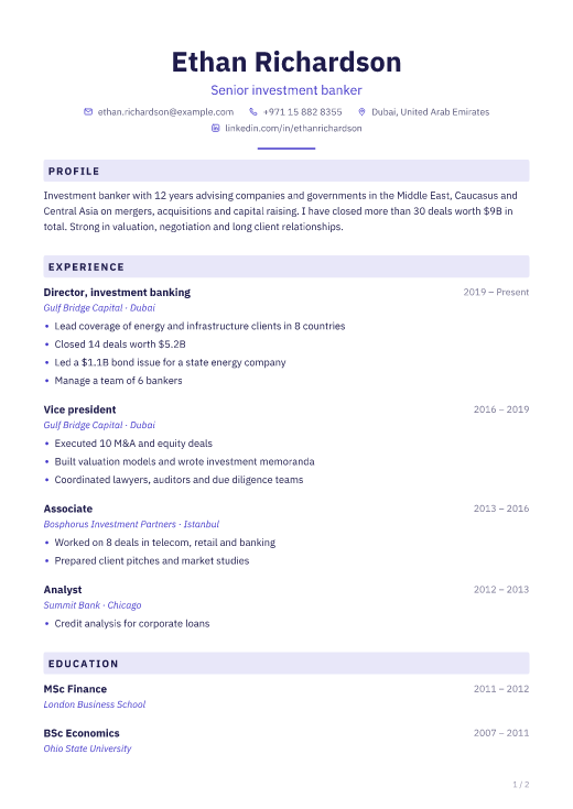 Senior investment banker resume template, Gakh design, 2 pages