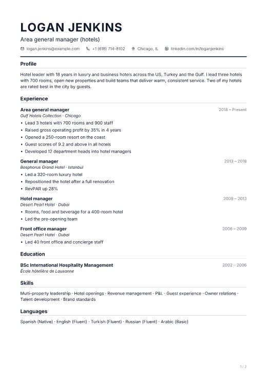 Area general manager (hotels) resume template, Gary design, 2 pages