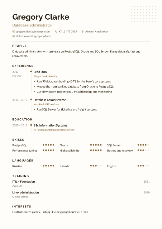 Database administrator resume template, Gobustan design