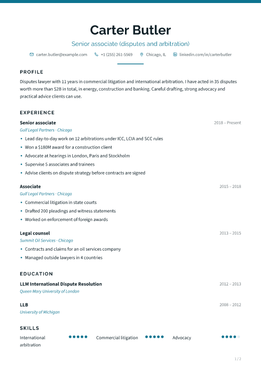 Senior associate (disputes and arbitration) resume template, Goygol design, 2 pages