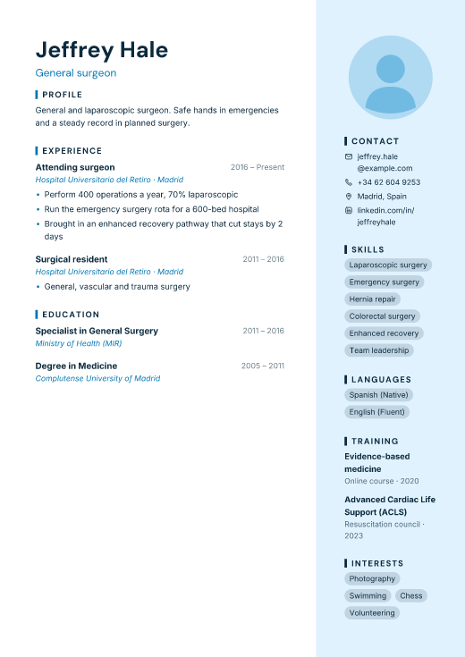General surgeon resume template, Gusar design