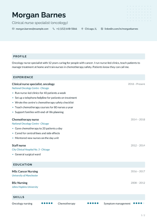 Clinical nurse specialist (oncology) resume template, Hajigabul design, 2 pages
