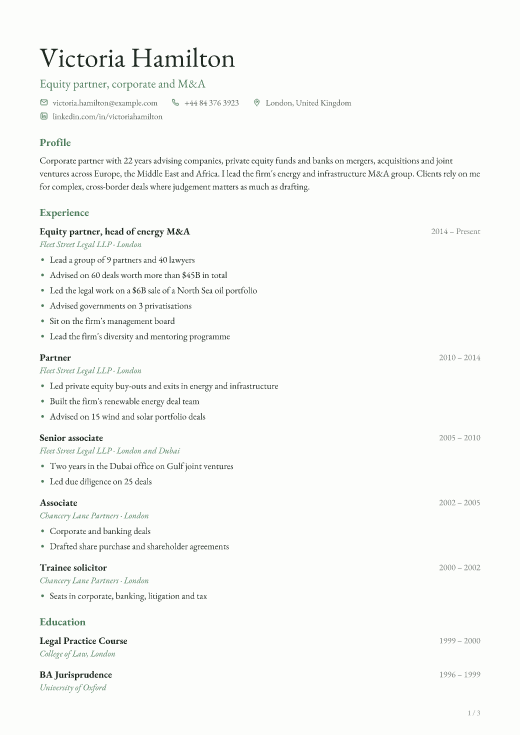 Equity partner, corporate and M&A resume template, Hood River design, 3 pages