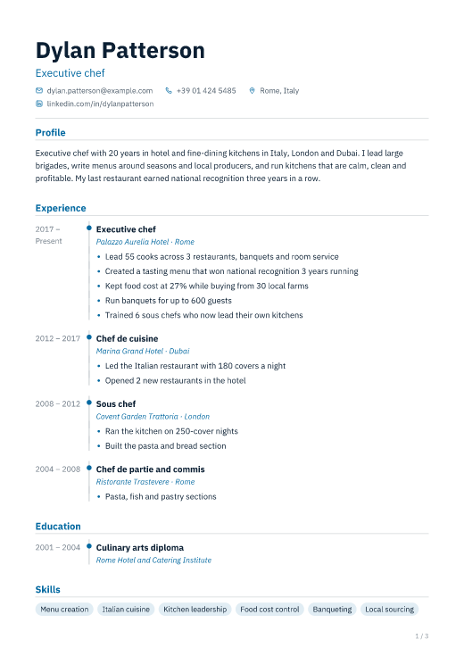 Executive chef resume template, Ilisu design, 2 pages