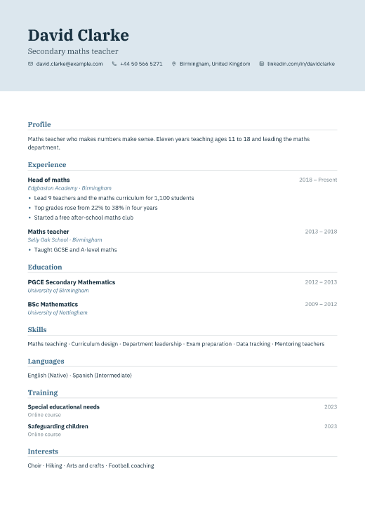 Secondary maths teacher resume template, Jabrayil design