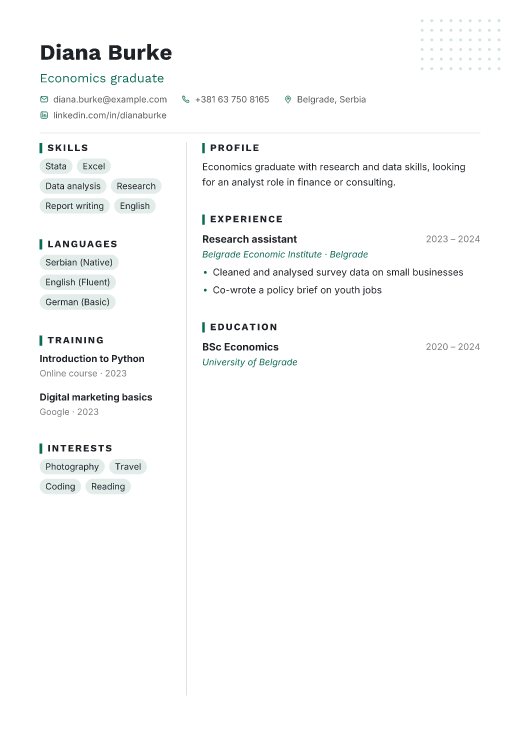 Economics graduate resume template, Kalbajar design