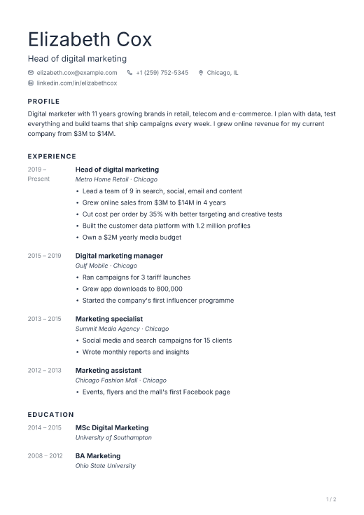 Head of digital marketing resume template, Khinalug design, 2 pages
