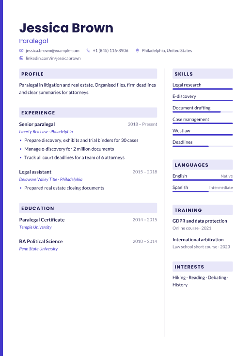 Paralegal resume template, Lachin design