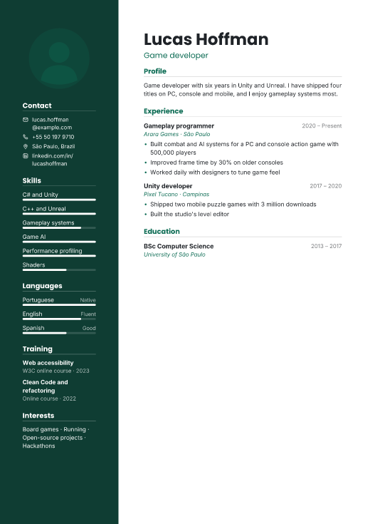 Game developer resume template, Lake Shore design