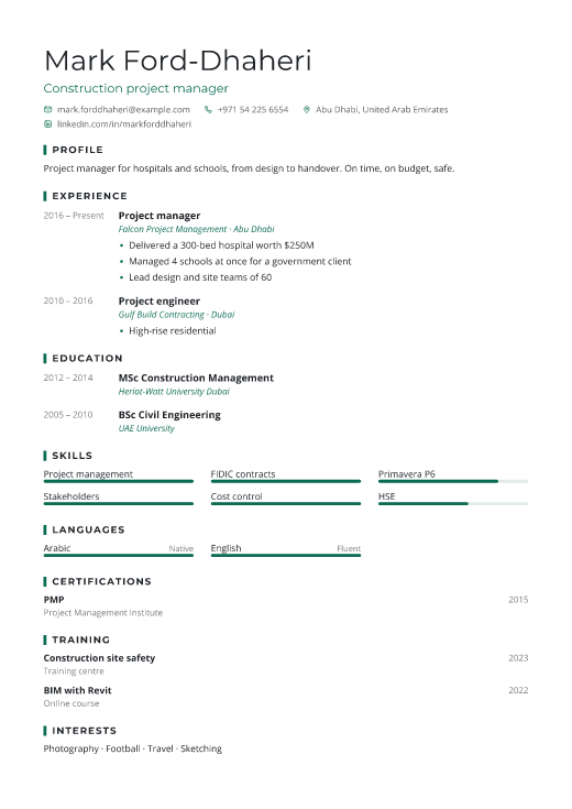 Construction project manager resume template, Oguz design