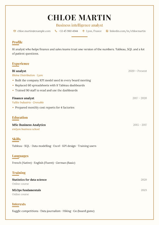 Business intelligence analyst resume template, Old City design