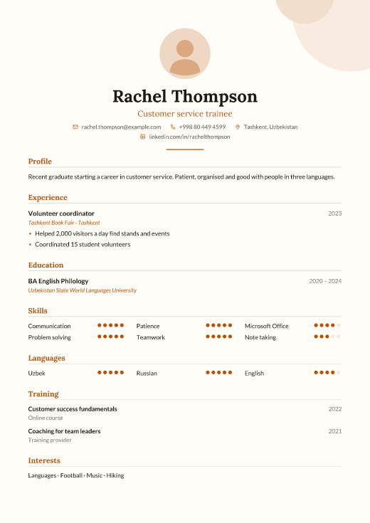 Customer service trainee resume template, Ordubad design