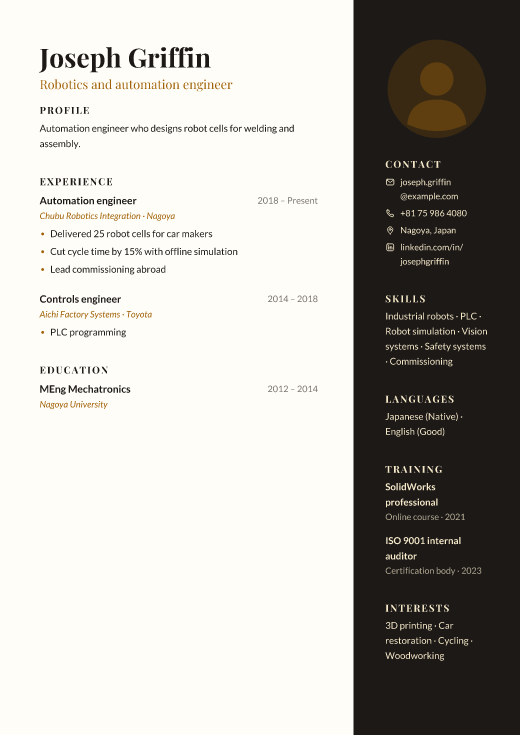 Robotics and automation engineer resume template, Saatli design