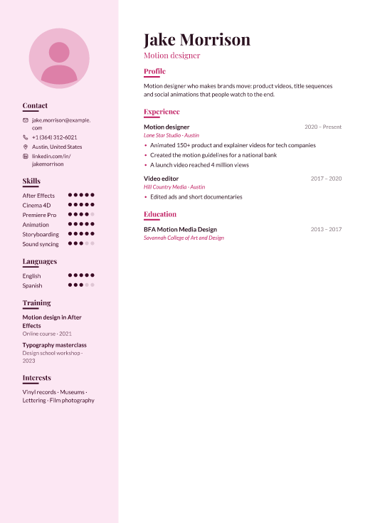 Motion designer resume template, Santa Fe design