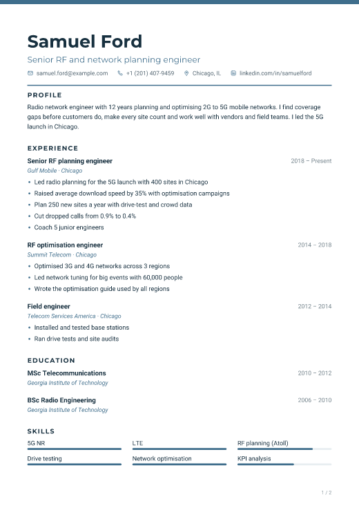 Senior RF and network planning engineer resume template, Shahdag design, 2 pages