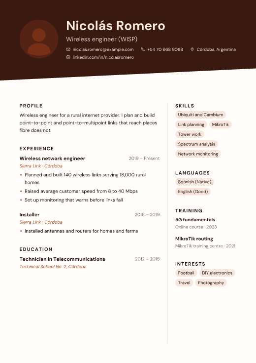 Wireless engineer (WISP) resume template, Shirvan design