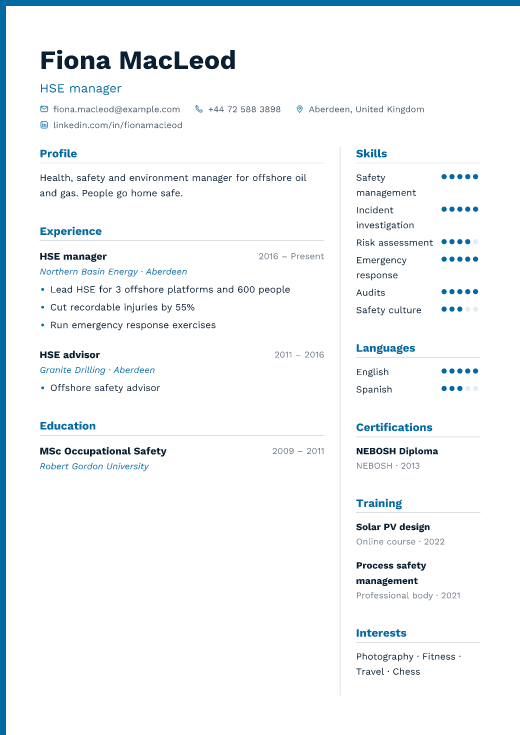 HSE manager resume template, Siyazan design
