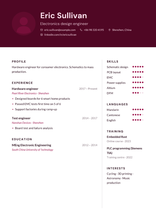 Electronics design engineer resume template, Tartar design