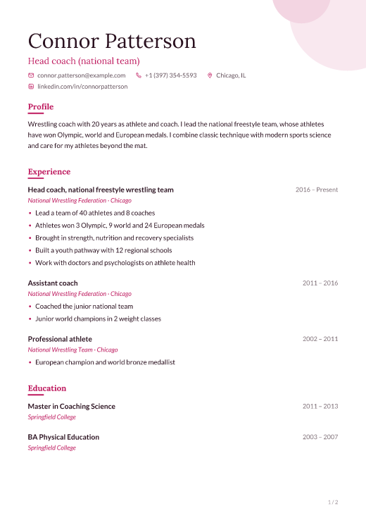 Head coach (national team) resume template, Tovuz design, 2 pages