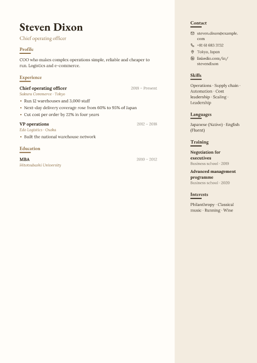 Chief operating officer resume template, Tucson design