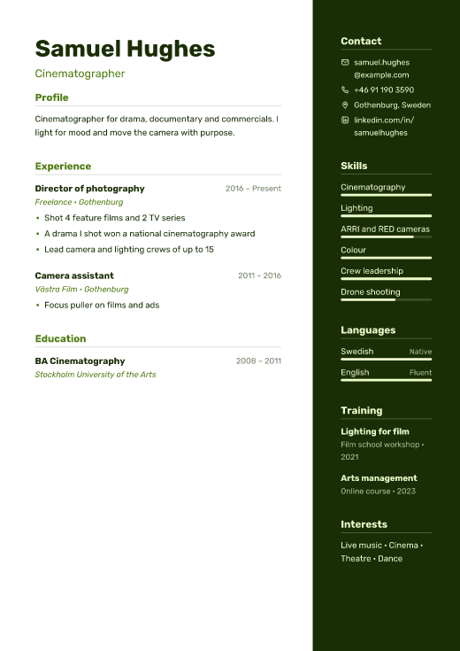 Cinematographer resume template, Zagatala design