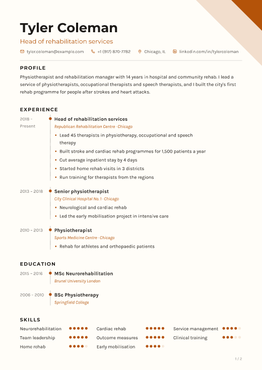 Head of rehabilitation services resume template, Zangilan design, 2 pages