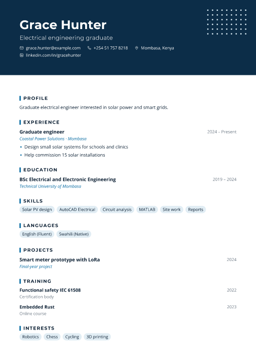 Electrical engineering graduate resume template, Uptime design