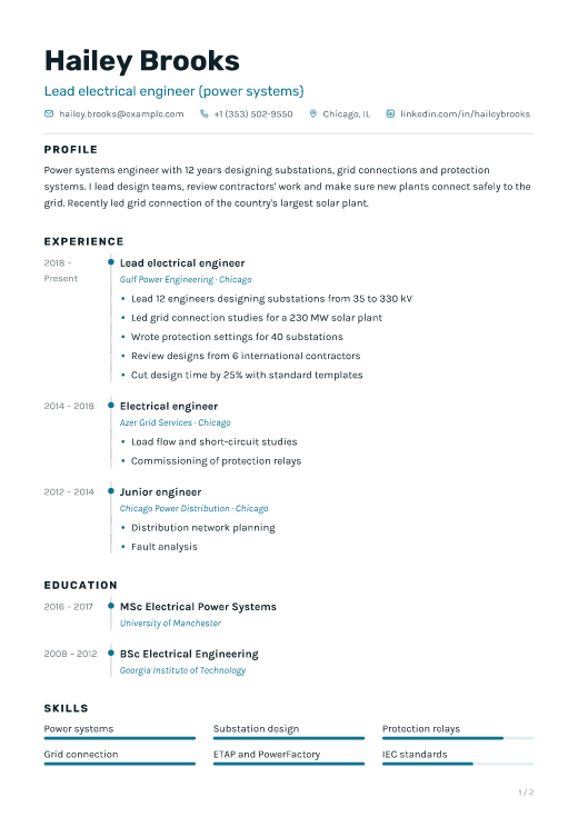 Lead electrical engineer (power systems) resume template, Signal design, 2 pages