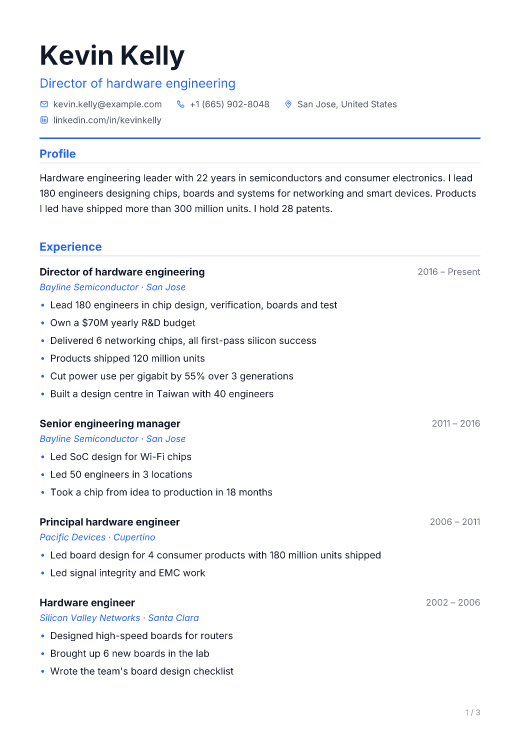 Director of hardware engineering resume template, Commit design, 3 pages